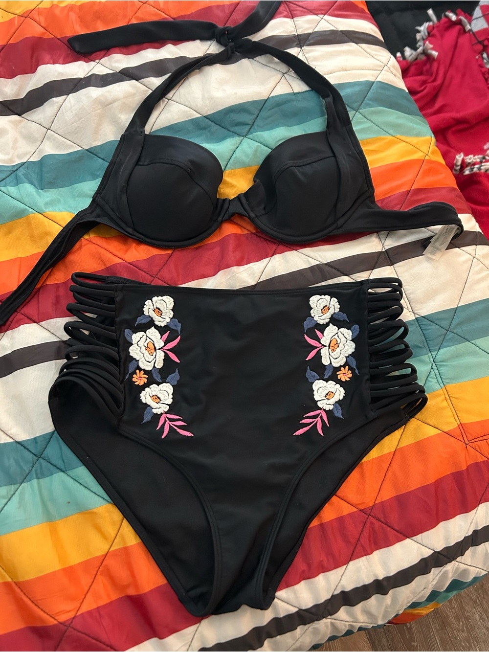Hollister Black High-Waist Embroidered Bikini Set